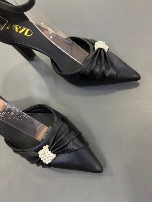 Ladies Elegant Pearl Decor Bow Pointy Toe Heel